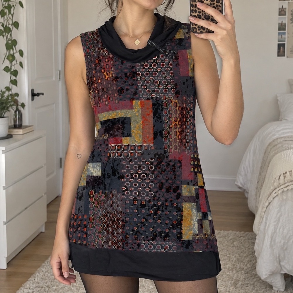 Dolcezza Velvet Burnout Mini Dress Cowl Neck Abstract Print artsy grunge M y2k